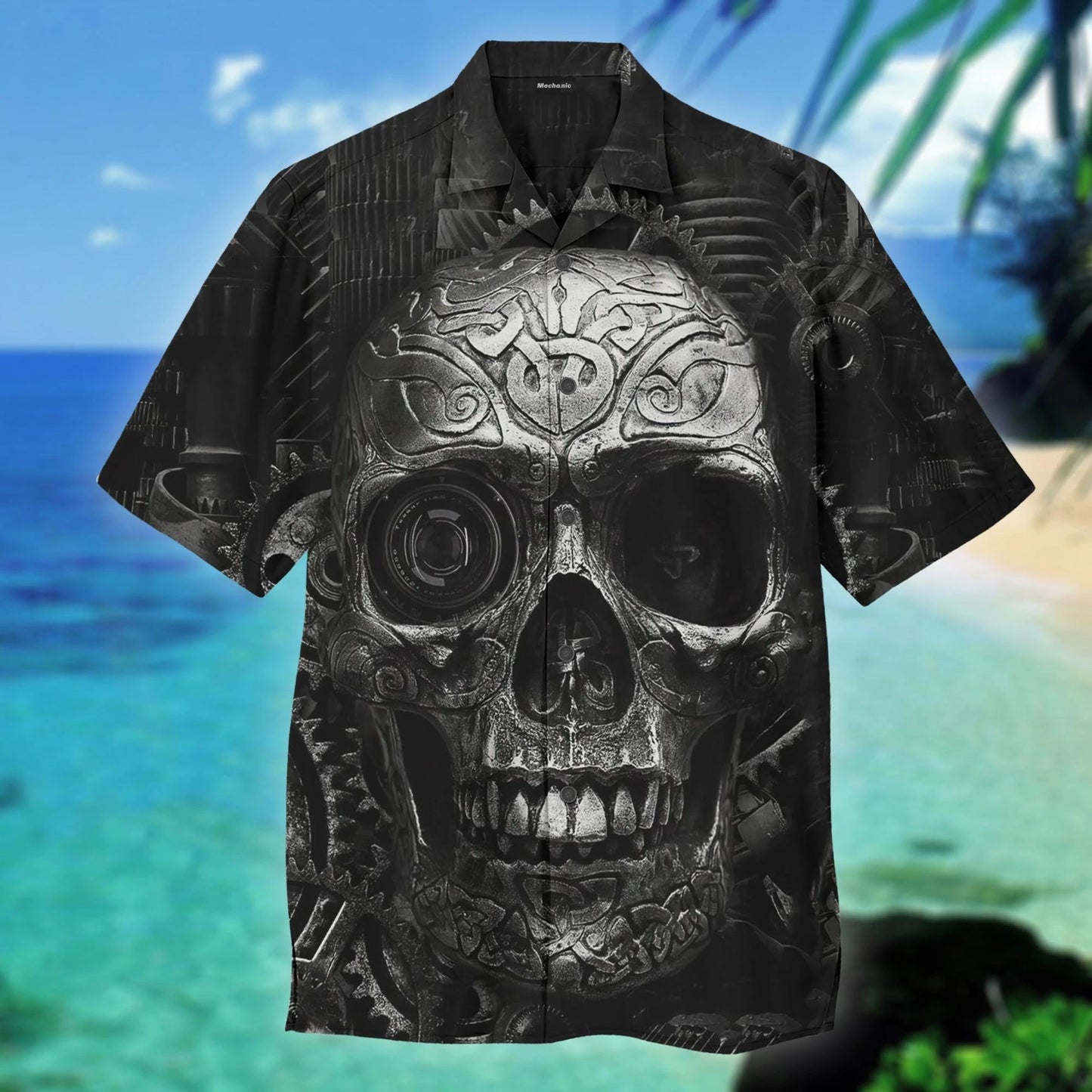 Awesome Mechanic Black Skull All Over Design Hawaiian Shirt, Hawaiian Shirt Gift, Christmas Gift