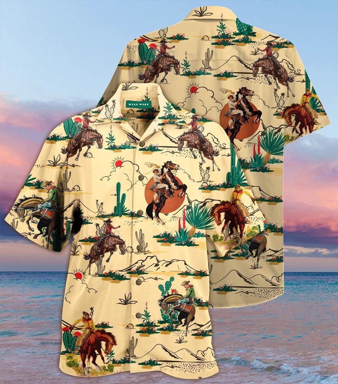 Vintage Cowboy Hand Drawn On Beige Background Hawaiian Shirt, Hawaiian Shirt Gift, Christmas Gift