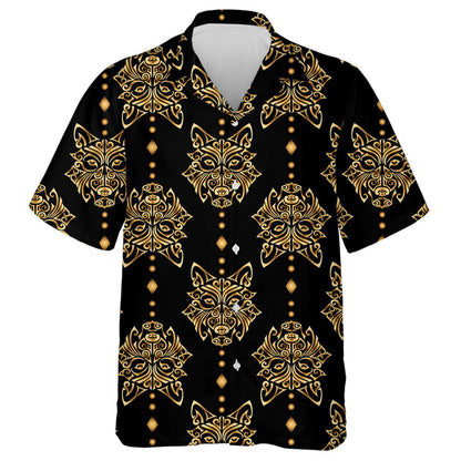 Golden Wolf Head Stylized Maori Face Tattoo Hawaiian Shirt, Hawaiian Shirt Gift, Christmas Gift