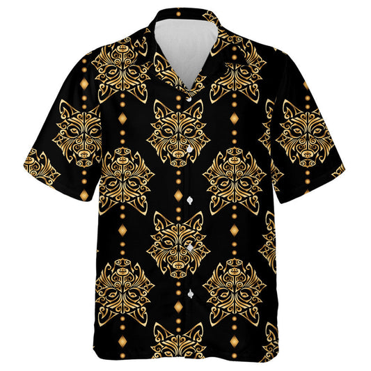 Golden Wolf Head Stylized Maori Face Tattoo Hawaiian Shirt, Hawaiian Shirt Gift, Christmas Gift