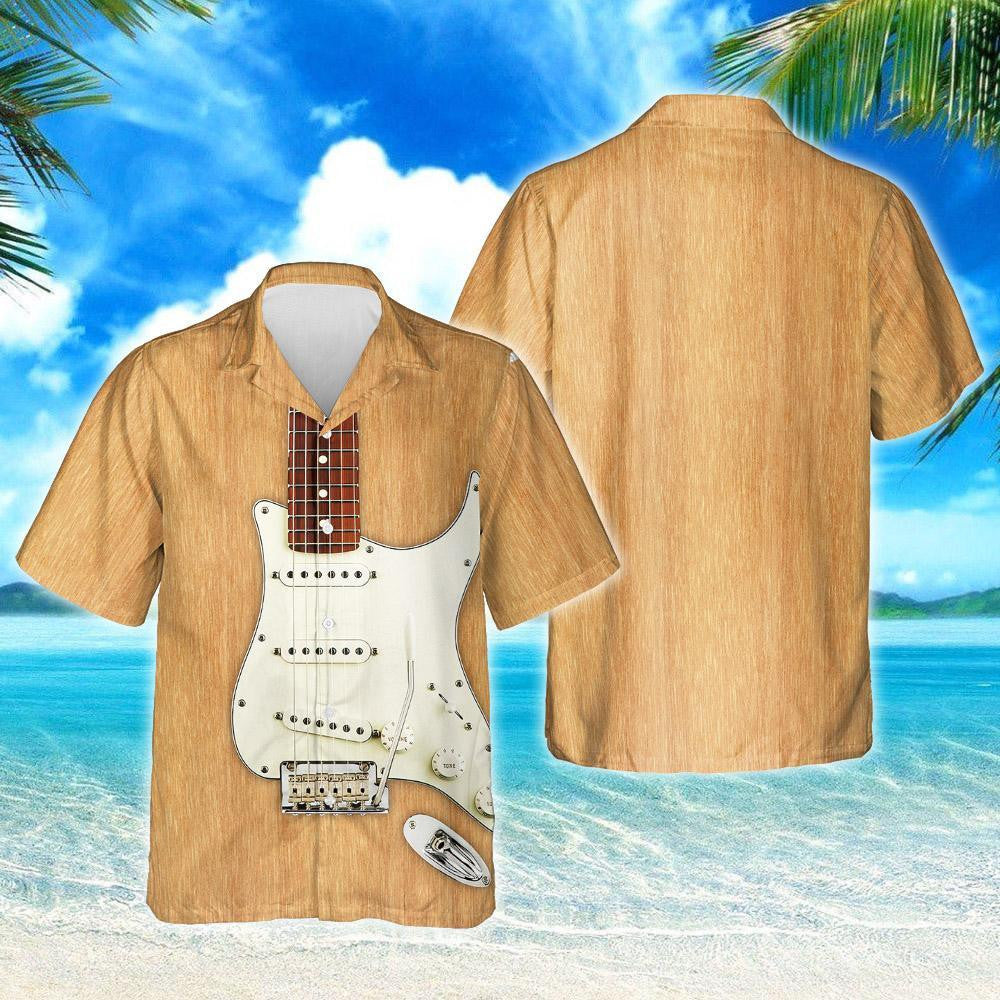 Electric Guitar In Beige Material Pattern Summer Vibes Hawaiian Shirt, Hawaiian Shirt Gift, Christmas Gift