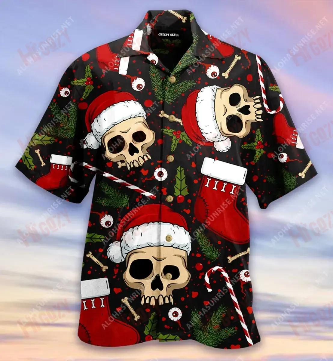 Creepy Skull Xmas Unisex Short Hawaiian Shirt Summer Hawaiian T Shirts Best Hawaiian Shirts Hawaiian Shirt Pattern, Hawaiian Shirt Gift, Christmas Gift