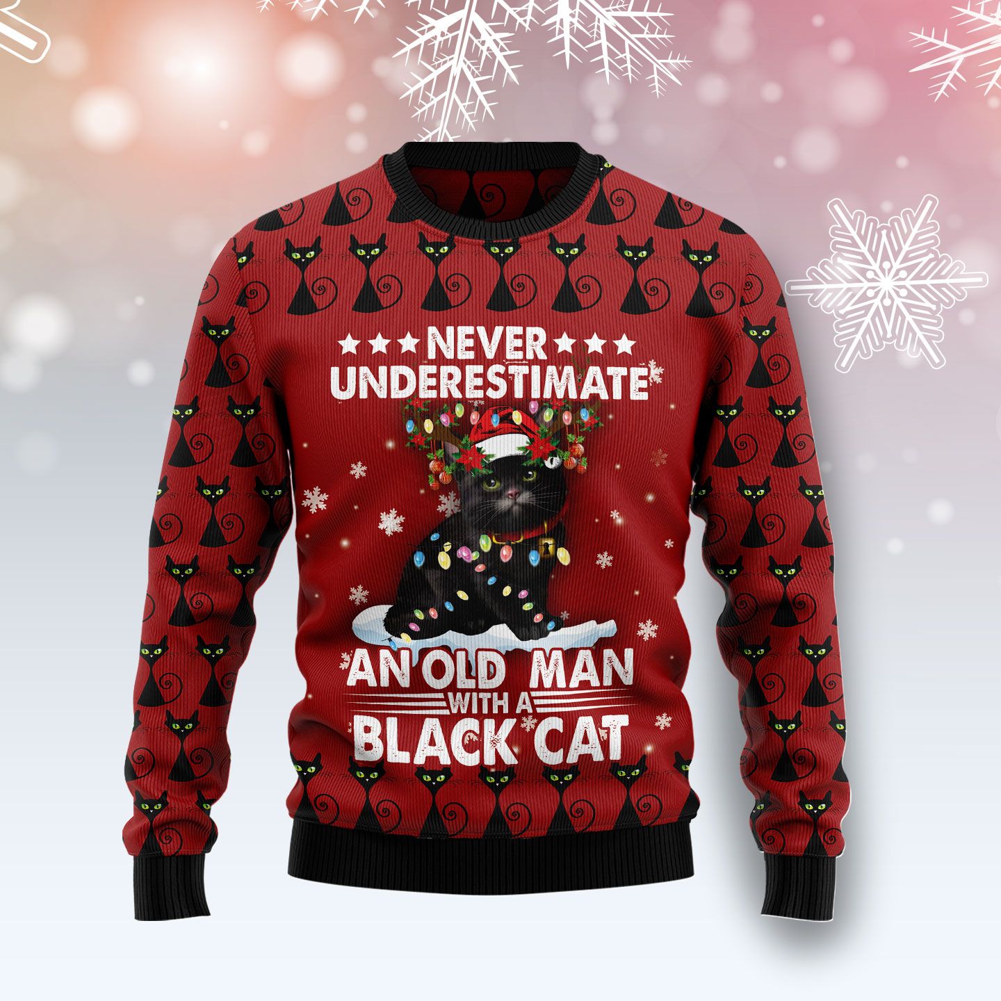 Black Cat Old Man Ugly Christmas Sweater, Christmas Ugly Sweater,Christmas Gift,Gift Christmas 2022
