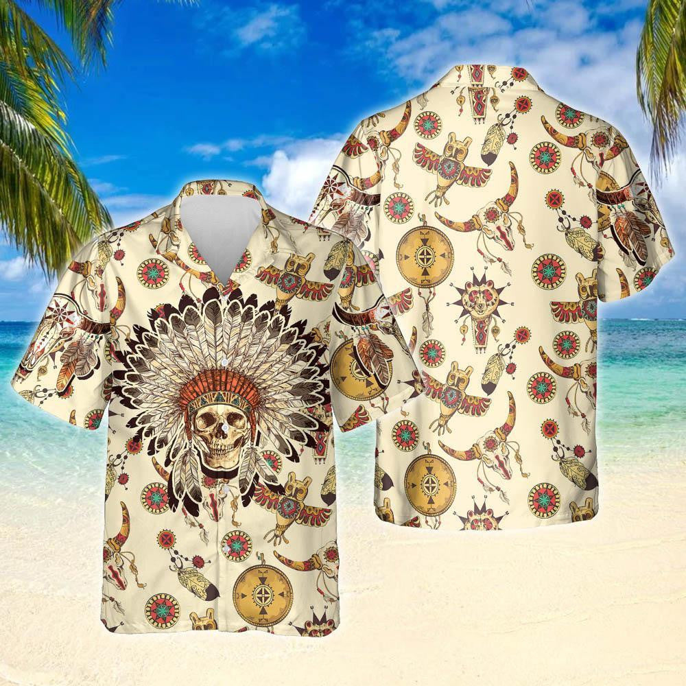 Wheat Color Native American Indian Chief Skull Hawaiian Shirt, Hawaiian Shirt Gift, Christmas Gift