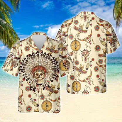 Wheat Color Native American Indian Chief Skull Hawaiian Shirt, Hawaiian Shirt Gift, Christmas Gift