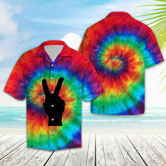 Black Peace Hand Signs Tie Dye Swirl Themed Hawaiian Shirt, Hawaiian Shirt Gift, Christmas Gift