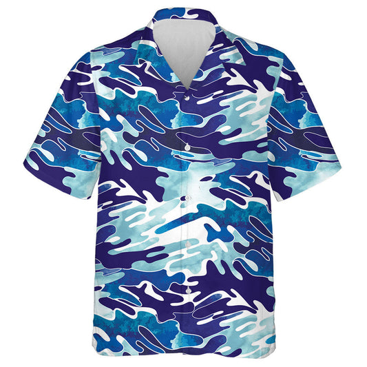 Modern Watercolor Aqua Blue Camo Monochrome Pattern Hawaiian Shirt, Hawaiian Shirt Gift, Christmas Gift