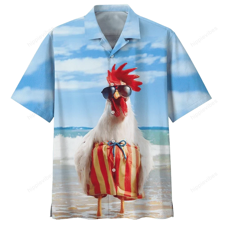 Funny Rooster On Vacation Beach With Blue Sky Hawaiian Shirt, Hawaiian Shirt Gift, Christmas Gift