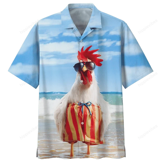 Funny Rooster On Vacation Beach With Blue Sky Hawaiian Shirt, Hawaiian Shirt Gift, Christmas Gift