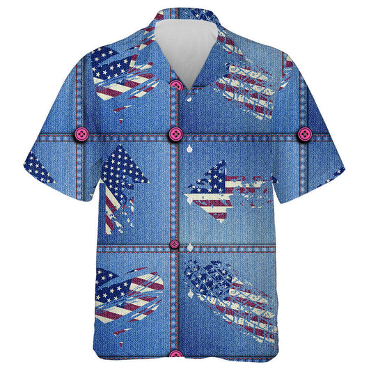 Jean Patchwork With Ggrunge Elements Of American Flag Hawaiian Shirt, Hawaiian Shirt Gift, Christmas Gift