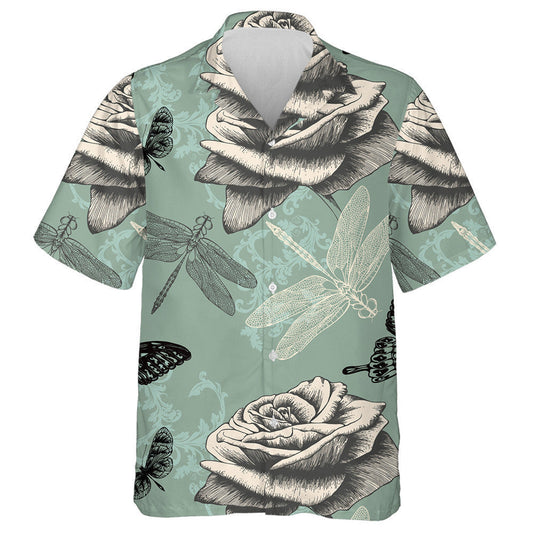 Vintage Rose Decorative Butterflies And Dragonflies Hawaiian Shirt, Hwaiian For Gift