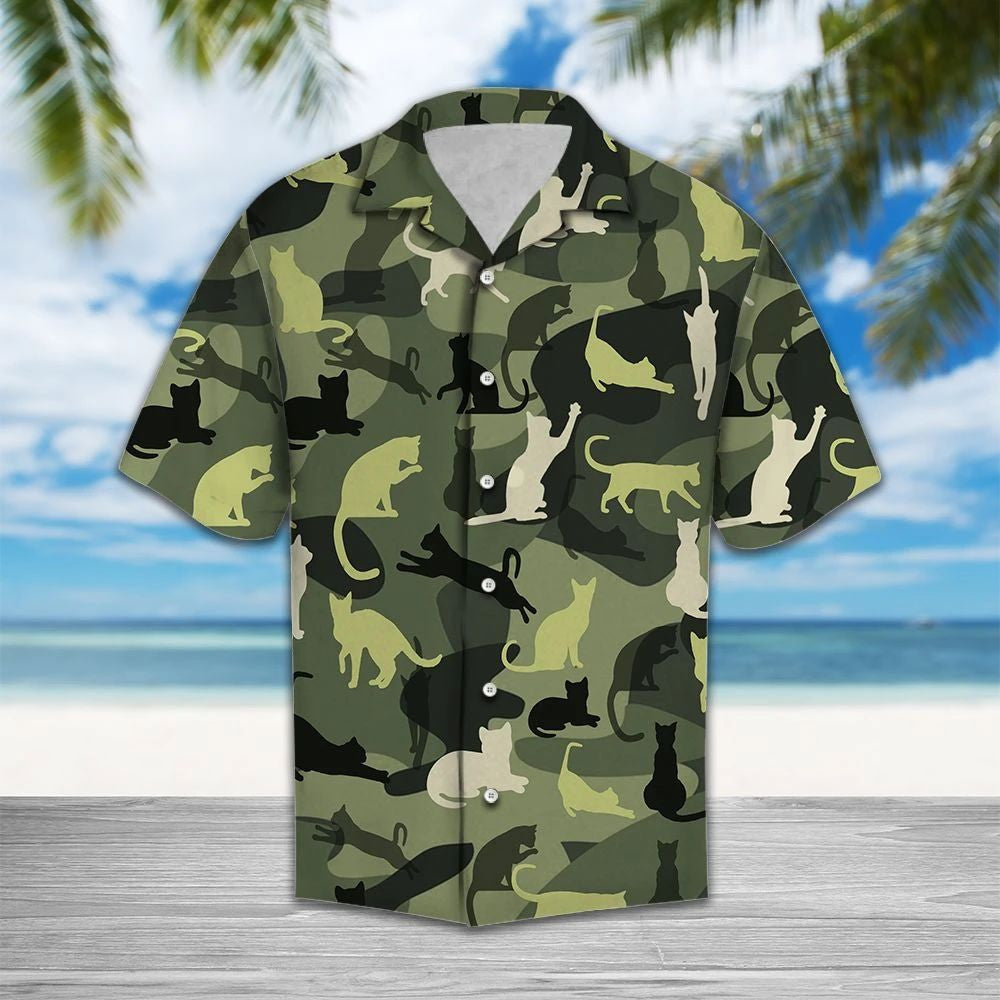 Cute And Playful Cat Camo Military Design Themed Hawaiian Shirt, Hawaiian Shirt Gift, Christmas Gift