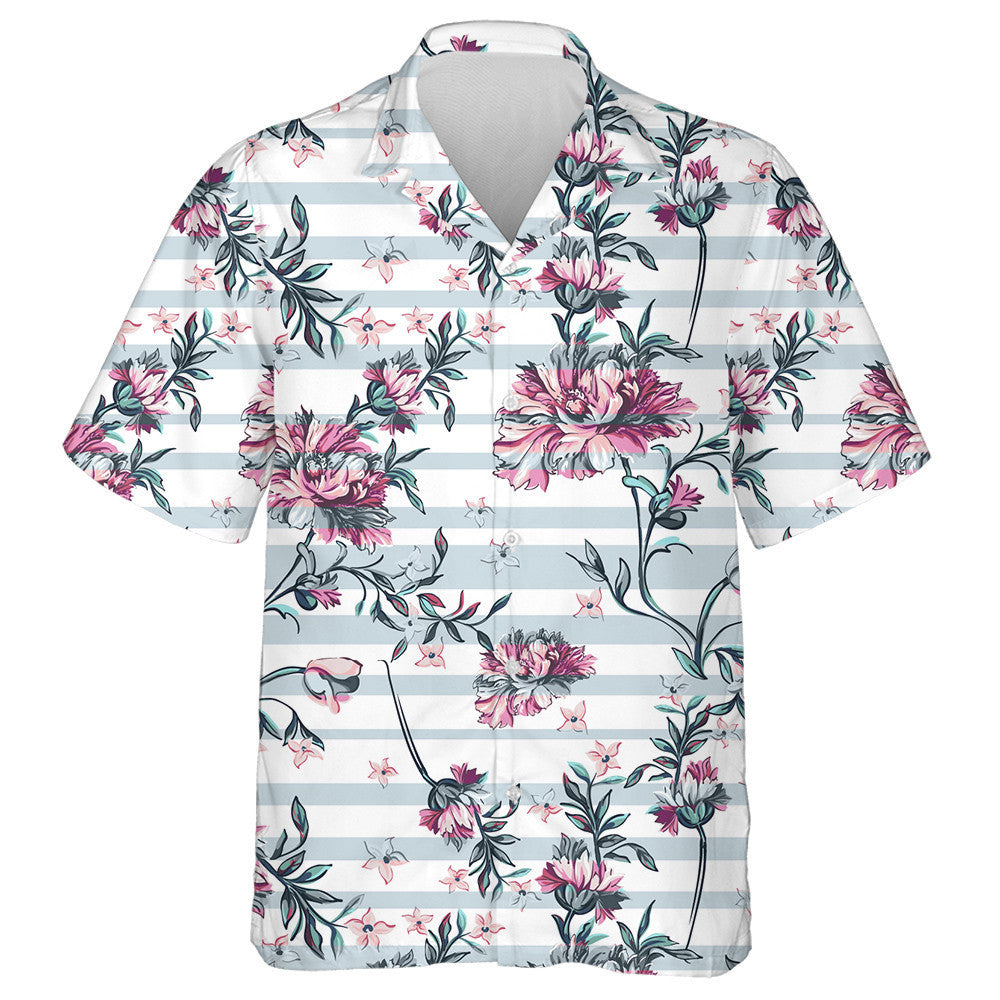 Decorative Pink Flowers Branches On Pastel Striped Background Hawaiian Shirt, Hawaiian Shirt Gift, Christmas Gift