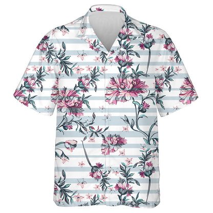 Decorative Pink Flowers Branches On Pastel Striped Background Hawaiian Shirt, Hawaiian Shirt Gift, Christmas Gift