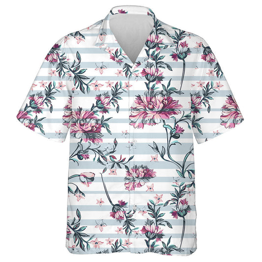Decorative Pink Flowers Branches On Pastel Striped Background Hawaiian Shirt, Hawaiian Shirt Gift, Christmas Gift