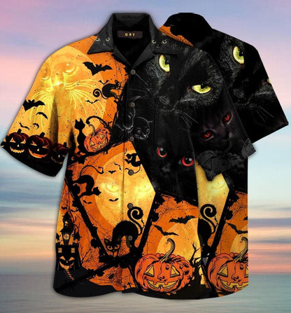 Black Cat Halloween On Orange Night Dramatic Hawaiian Shirt, Hawaiian Shirt Gift, Christmas Gift