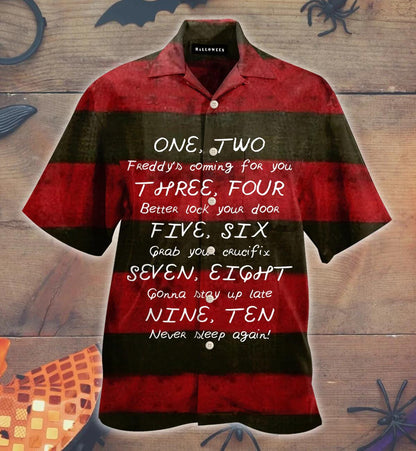 Never Sleep Again Black Red Striped Background Hawaiian Shirt, Hawaiian Shirt Gift, Christmas Gift
