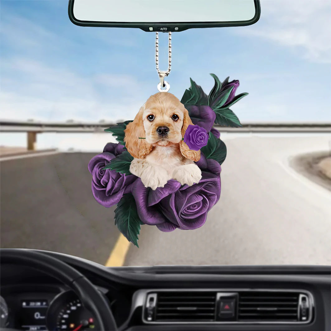 Cocker Spaniel In Purple Rose Car Hanging Ornament, Christmas Decoration