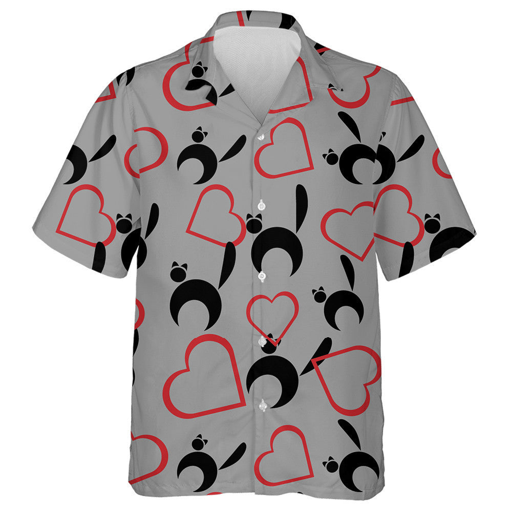 Black Cats In Moon Style And Hearts Hawaiian Shirt, Hawaiian Shirt Gift, Christmas Gift