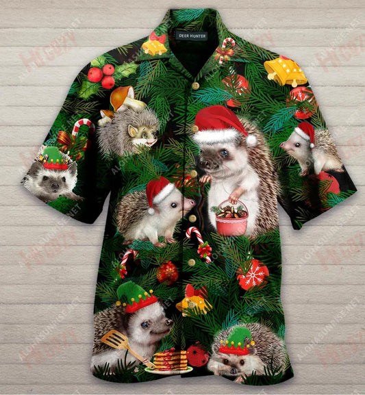 Merry Christmas Mr. Hedgehog Short Short Sleeve Shirt Summer Hawaiian T Shirts Vintage Hawaiian Shirts Hawaiian Shirts For Men, Hawaiian Shirt Gift, Christmas Gift