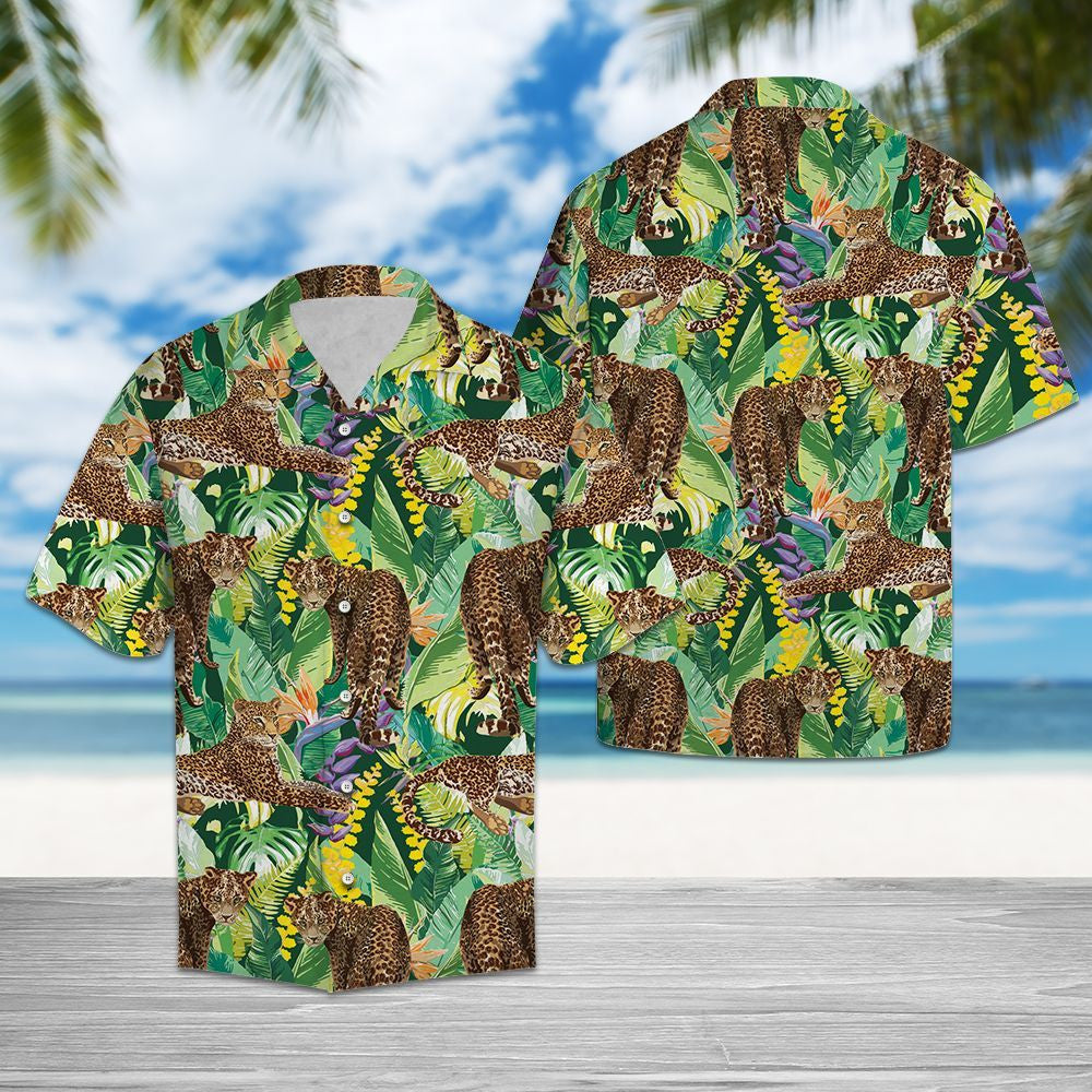 Wild Leopard Tropical Palm Leaves Summer Vacation Themed Hawaiian Shirt, Hawaiian Shirt Gift, Christmas Gift