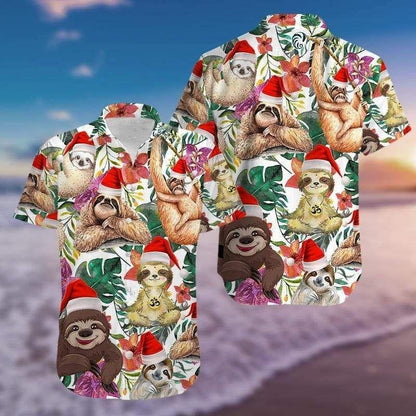 Animal Flower Funny Sloth Merry Christmas Design Hawaiian Shirt, Hawaiian Shirt Gift, Christmas Gift