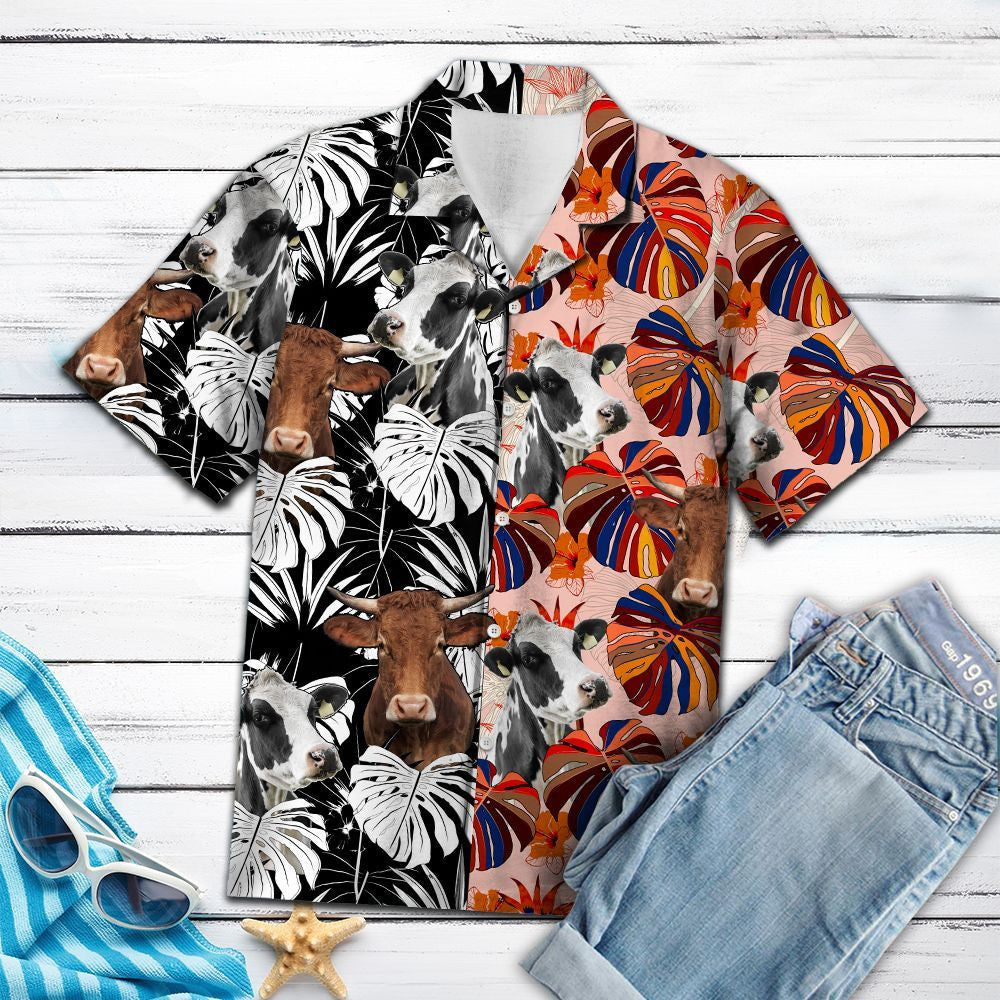 Farm Cow With Watercolor Monstera Leaves Hawaiian Shirt,Hawaiian Shirt Gift, Christmas Gift