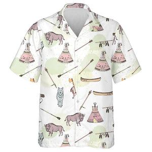 American Indian Elements With Wolf Sketches Hawaiian Shirt, Hawaiian For Gift