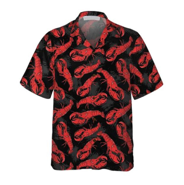 Tropical Lobster Hand Drawn Pattern Black Theme Hawaiian Shirt, Hawaiian Shirt Gift, Christmas Gift