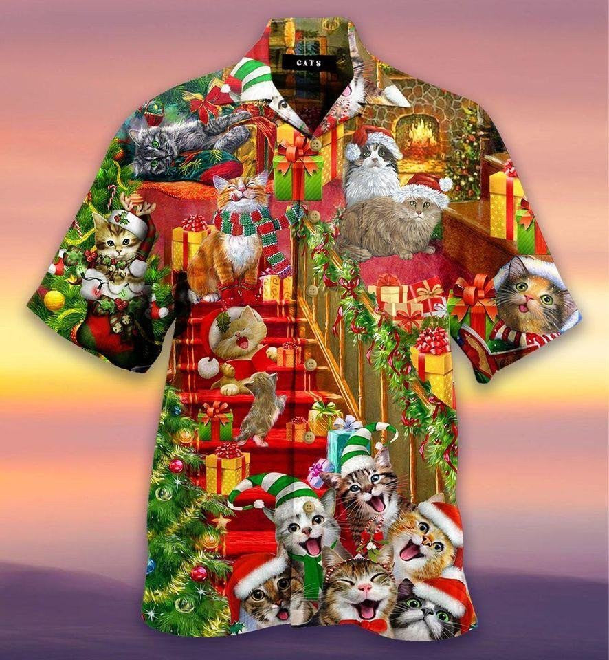 Funny Cat On Christmas Eve Design Hawaiian Shirt,Hawaiian Shirt Gift, Christmas Gift