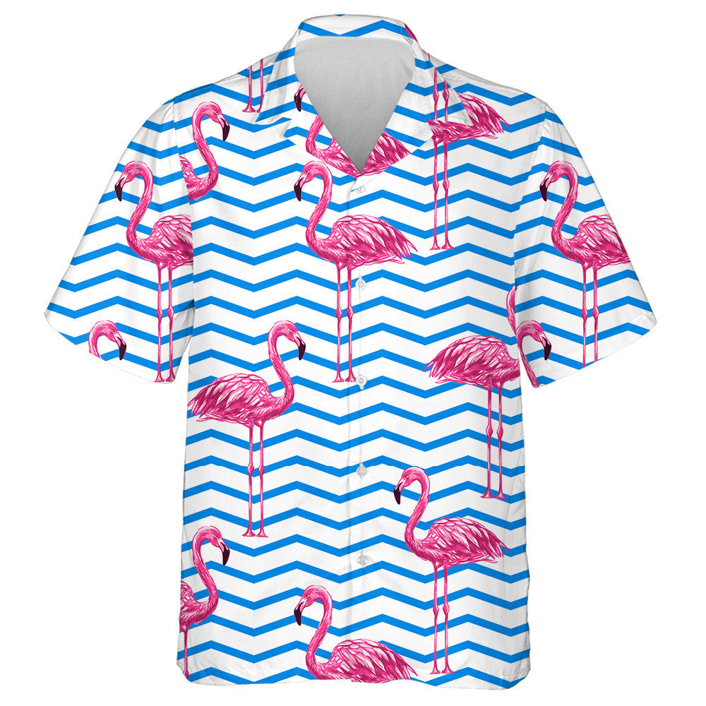 Beautifiul Flamingo Tropical On Blue Zigzag Background Hawaiian Shirt, Hawaiian Shirt Gift, Christmas Gift