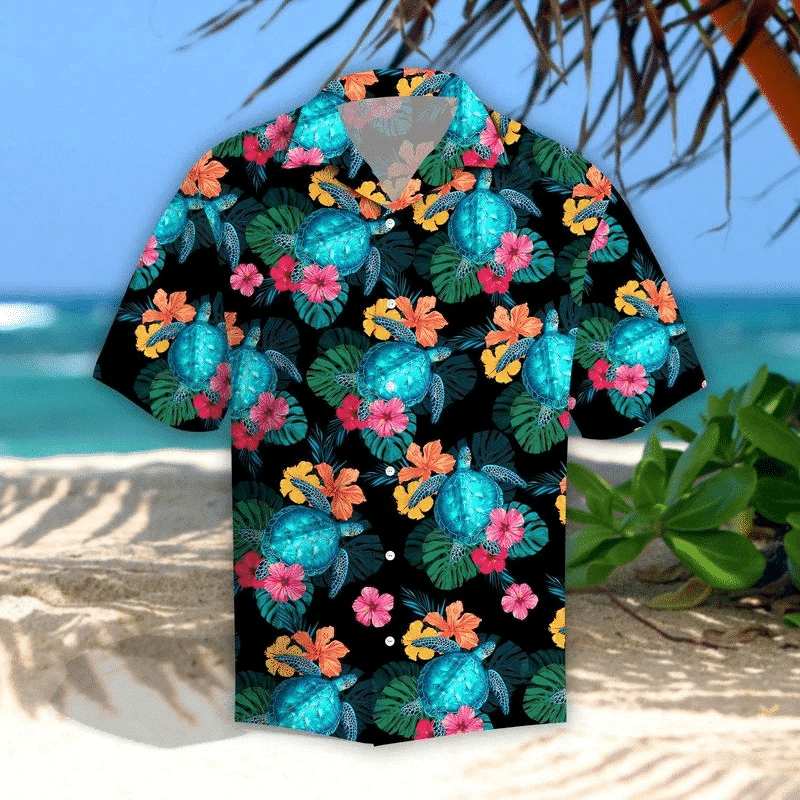 Turtles Glow Hibiscus Tropical Leave Black Theme Hawaiian Shirt, Hawaiian Shirt Gift, Christmas Gift