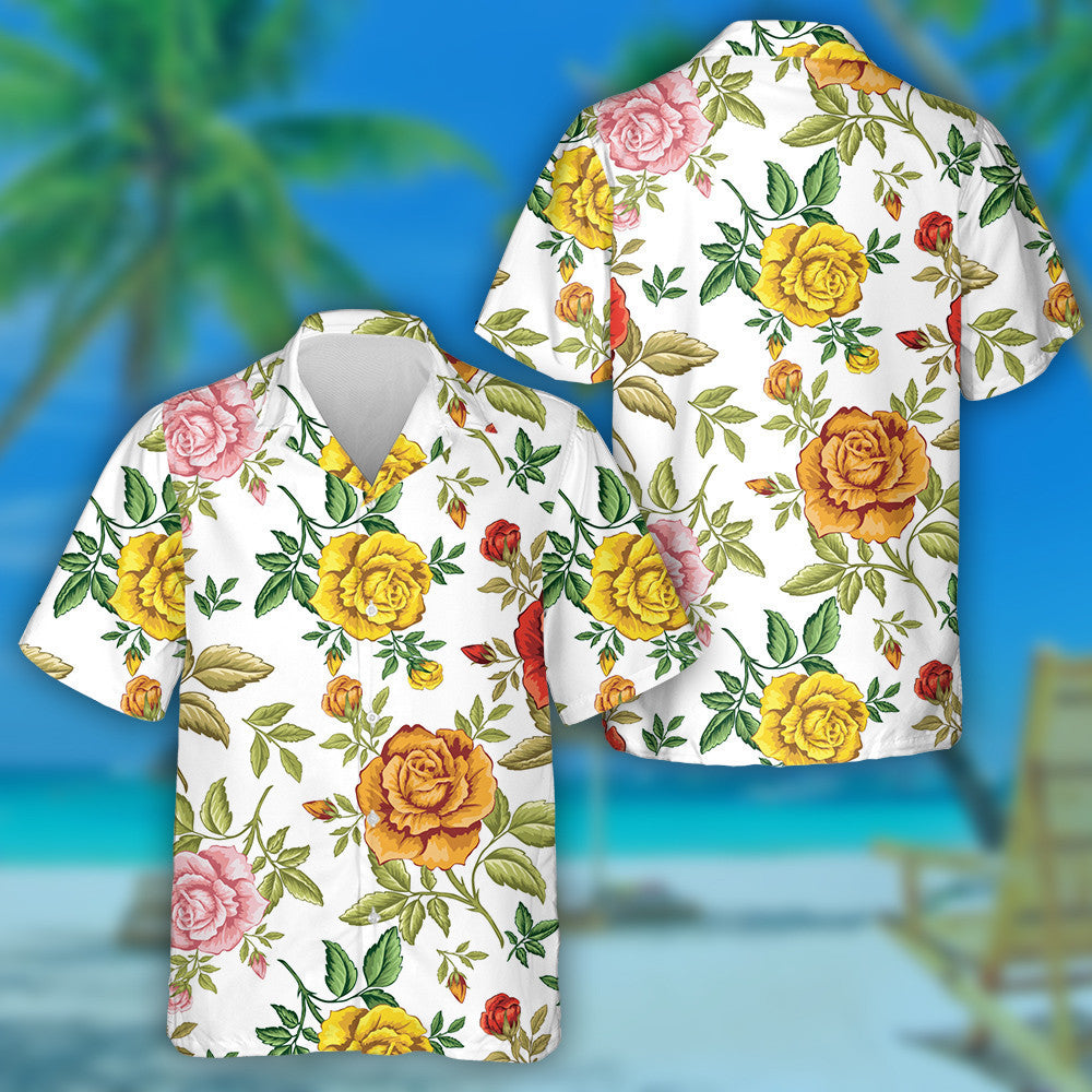 Colorful Roses Branch Art Pattern On White Background Hawaiian Shirt, Hawaiian Shirt Gift, Christmas Gift