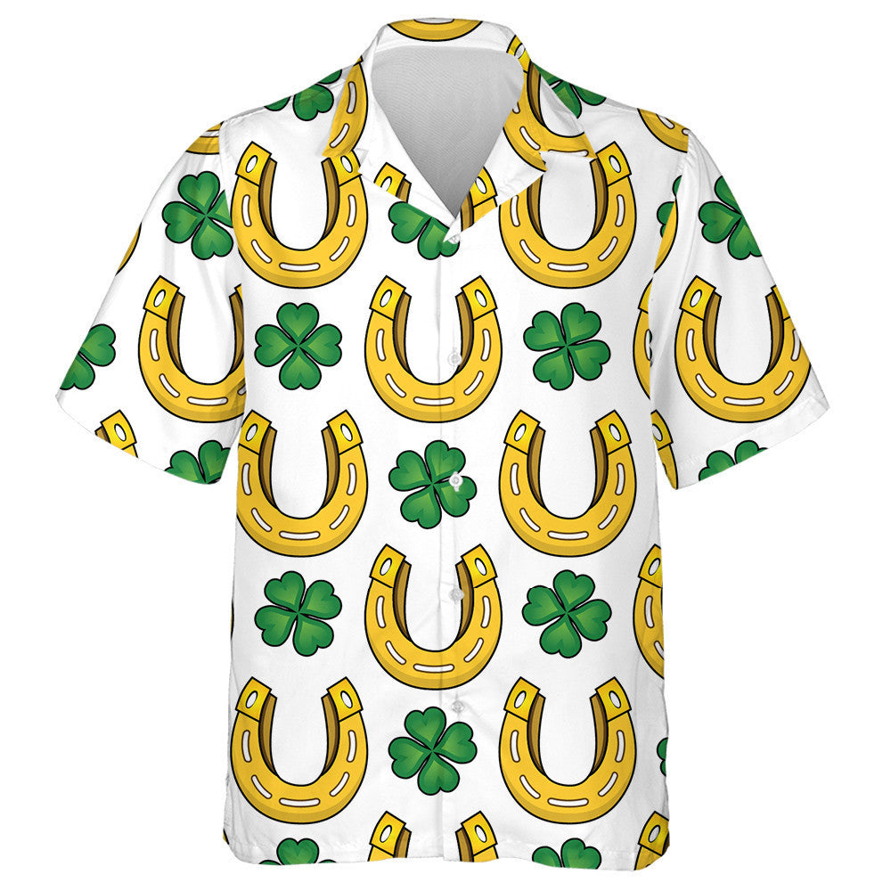 Abstract Golden Horseshoe And Clover Leaf Hawaiian Shirt, Hawaiian Shirt Gift, Christmas Gift