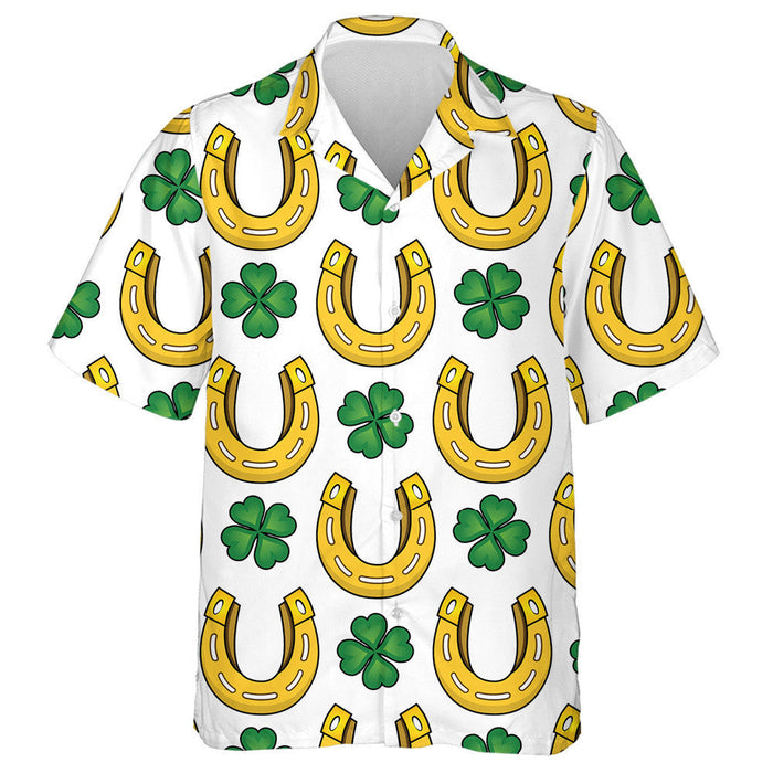 Abstract Golden Horseshoe And Clover Leaf Hawaiian Shirt, Hawaiian Shirt Gift, Christmas Gift