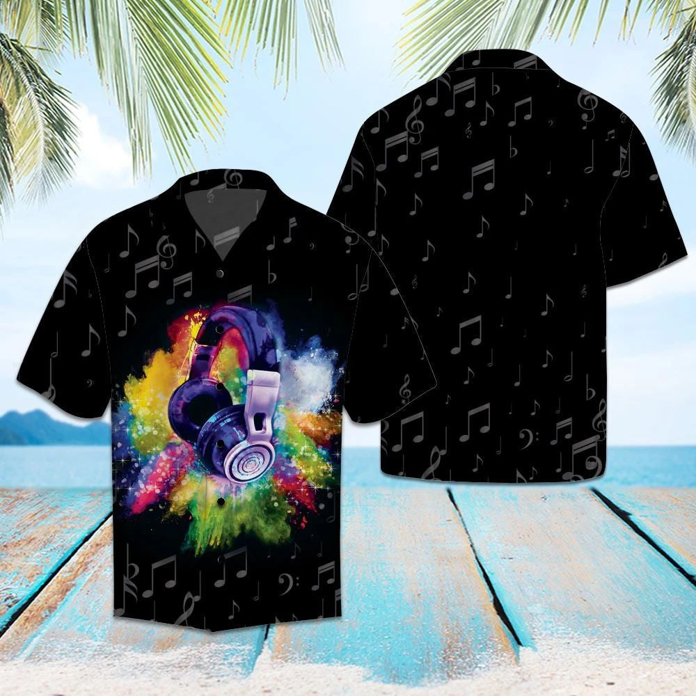 Hawaiian Shirt Graphic Headphone With Gray Musical Notes In Black, Hawaiian Shirt Gift, Christmas Gift