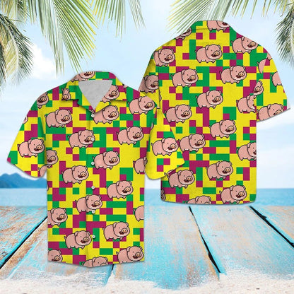 Lovely Pig With Hot Pink And Green Geometric Hawaiian Shirt, Hawaiian Shirt Gift, Christmas Gift