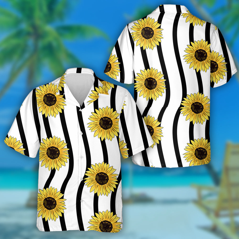 Sunflower Hippie Symbol On Black Wavy Striped Background Hawaiian Shirt, Hawaiian Shirt Gift, Christmas Gift