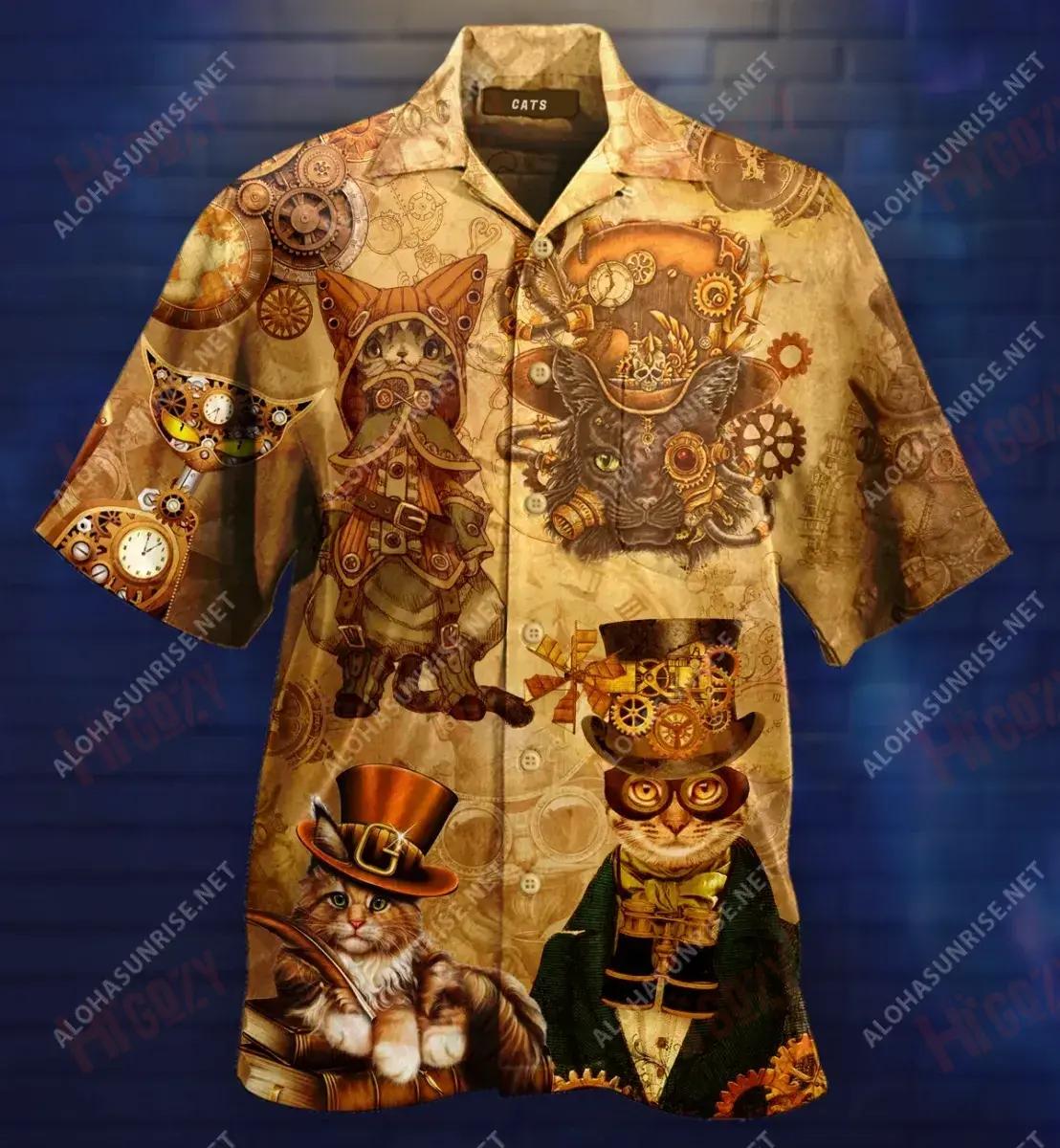 Steampunk Cat Top Hat Short Hawaiian Shirt Vacation Tropical Shirts Custom Hawaiian Shirts Hawaiian Shirt Pattern, Hawaiian Shirt Gift, Christmas Gift
