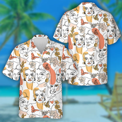 Theme Womans Face Minimal Line Style And Butterfly Hawaiian Shirt, Hawaiian Shirt Gift, Christmas Gift