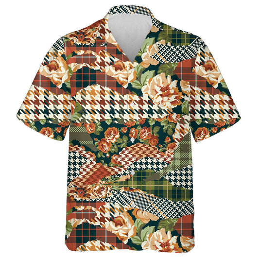 Houndstooth Green Tartan With Roses Fabric Patchwork Design Hawaiian Shirt, Hawaiian Shirt Gift, Christmas Gift