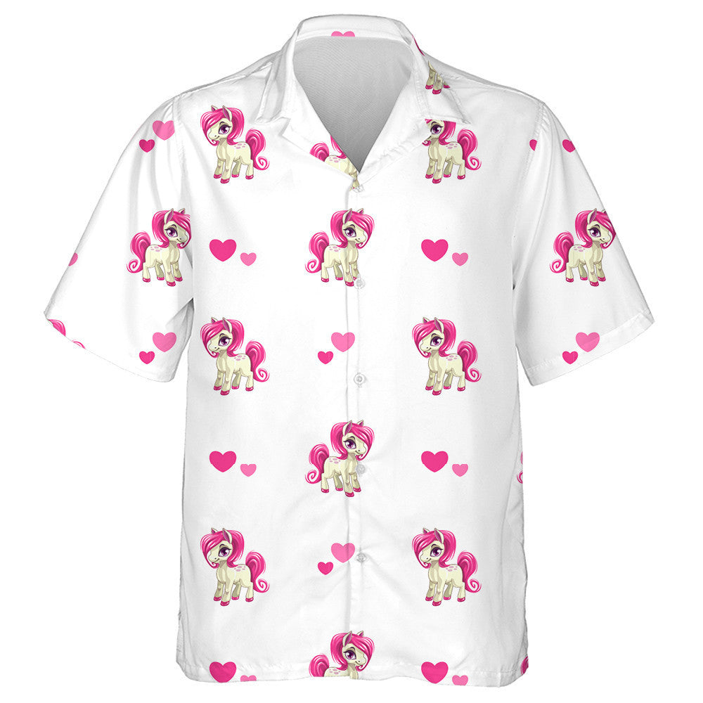 Little Cartoon Pony Horses And Hearts On White Hawaiian Shirt, Hawaiian Shirt Gift, Christmas Gift