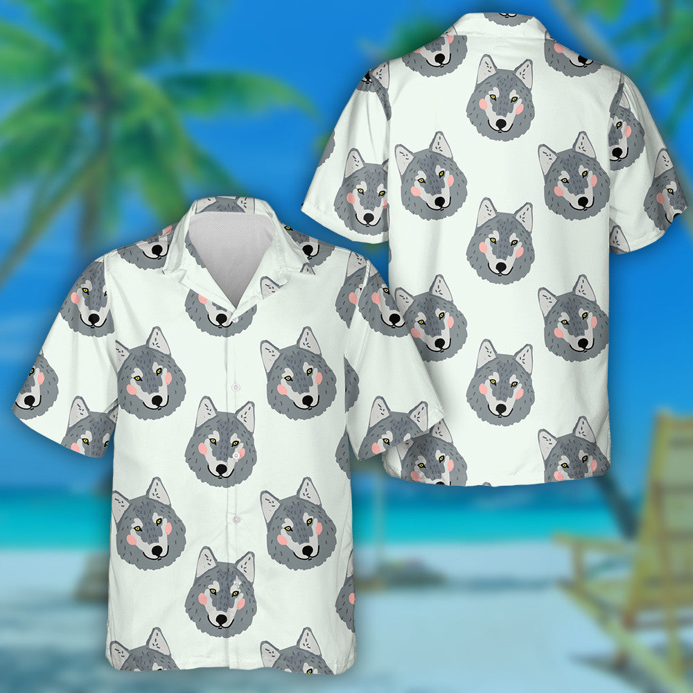 Theme Cartoon With Adorable Wolf Head Hawaiian Shirt,Hawaiian Shirt Gift, Christmas Gift