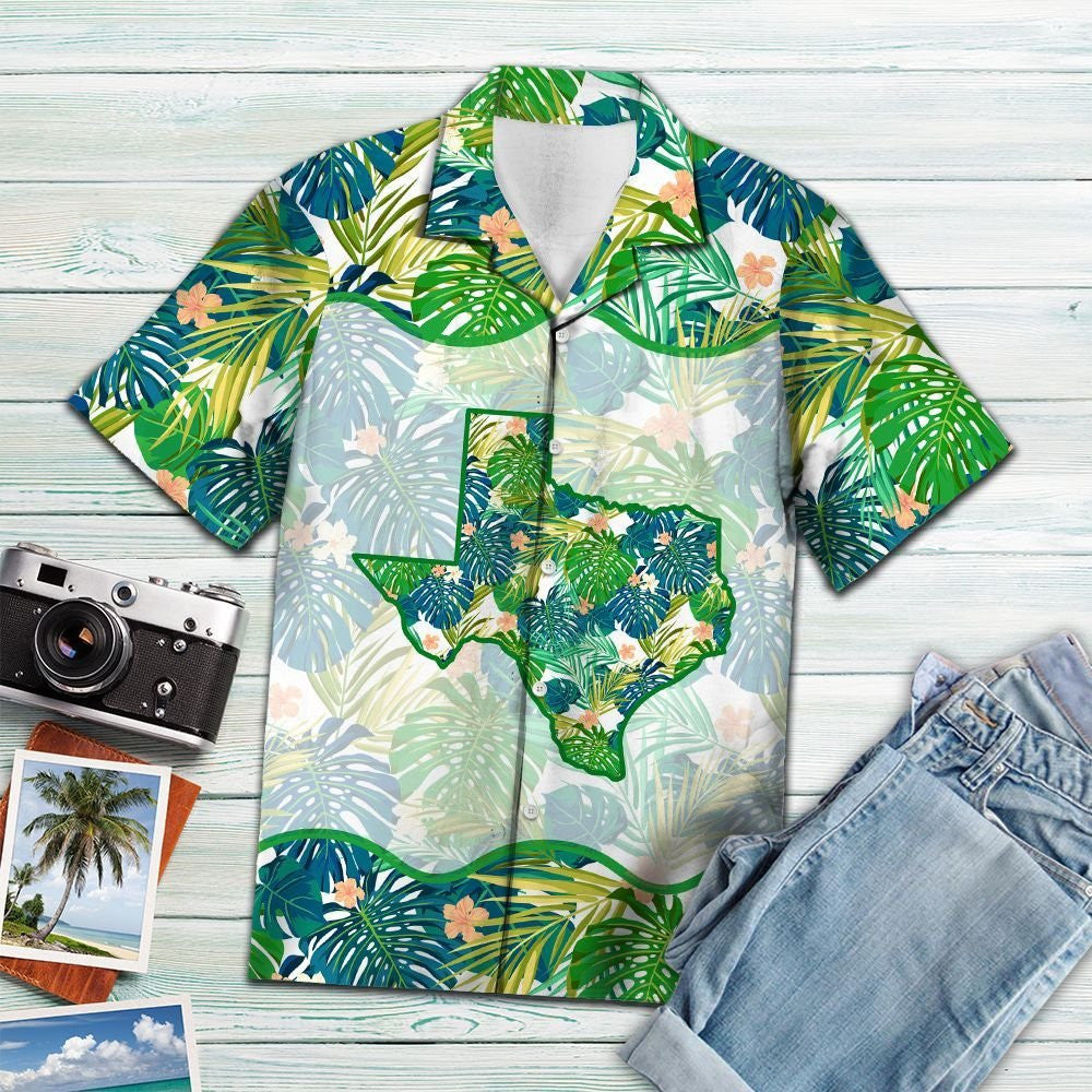Awesome Flag Of Texas Green Tropical Plants Pattern Hawaiian Shirt, Hawaiian Shirt Gift, Christmas Gift