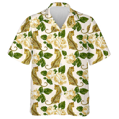 Pastell Rosen und wilde Leoparden auf weißem Hintergrund Hawaii-Shirt, Hawaii-Shirt Geschenk, Weihnachtsgeschenk