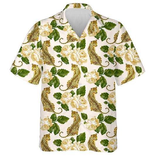 Pastell Rosen und wilde Leoparden auf weißem Hintergrund Hawaii-Shirt, Hawaii-Shirt Geschenk, Weihnachtsgeschenk