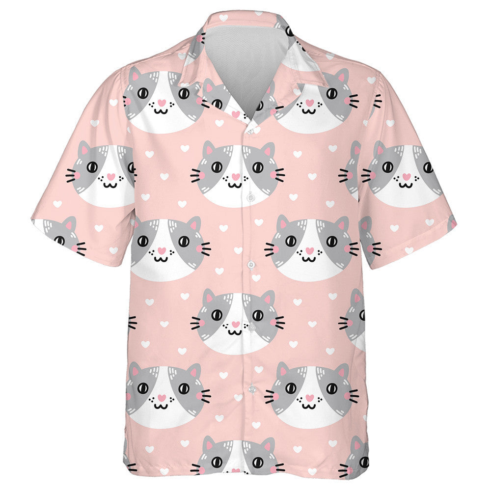 Cute Cat Muzzle On A Pink Background With Hearts Hawaiian Shirt, Hawaiian Shirt Gift, Christmas Gift
