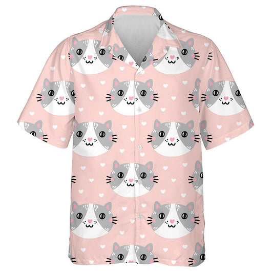 Cute Cat Muzzle On A Pink Background With Hearts Hawaiian Shirt, Hawaiian Shirt Gift, Christmas Gift