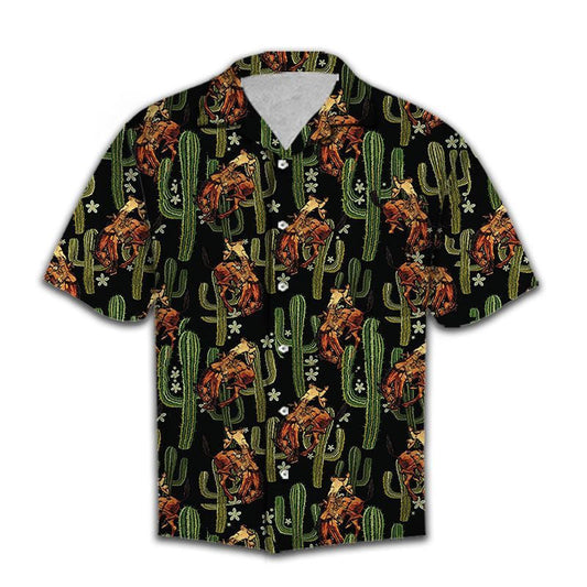 Vintage Style Cowboy Cactus On Black Background Pattern Hawaiian Shirt, Hawaiian Shirt Gift, Christmas Gift