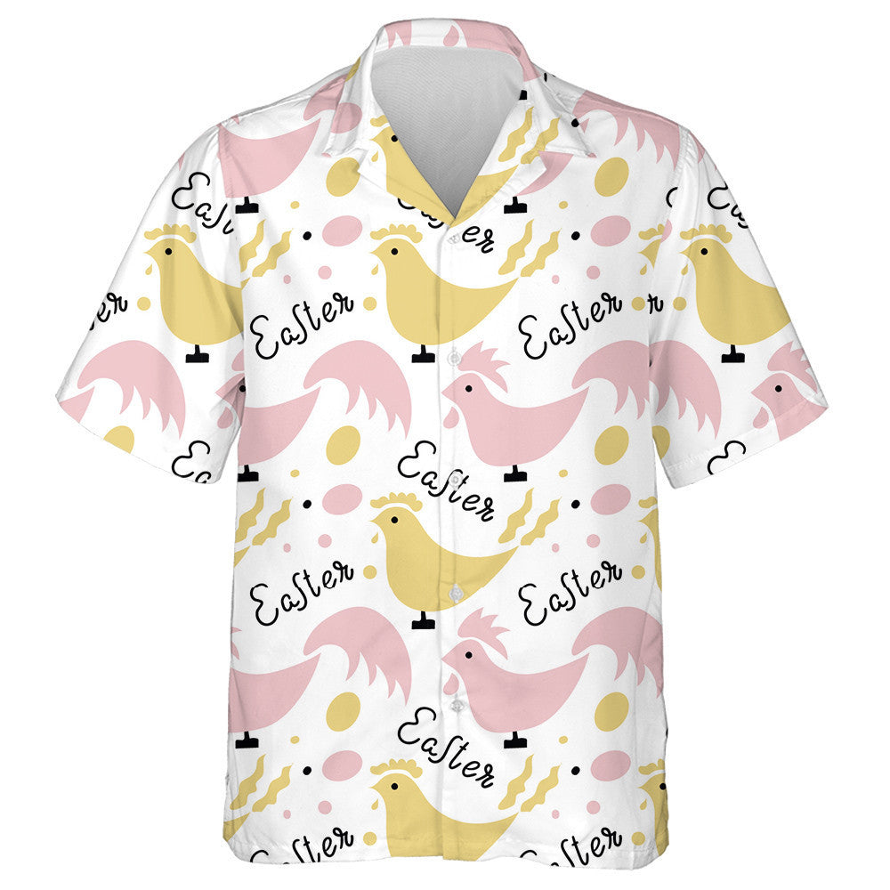 Yellow And Pink Hens Easter Lettering And Chicken Eggs Hawaiian Shirt, Hawaiian Shirt Gift, Christmas Gift